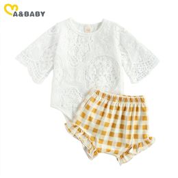 0-18M Sommer geboren Baby Mädchen Kleidung Set Weiß Spitze Strampler Gelb Plaid Shorts Outfits Kostüme 210515