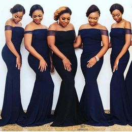 Navy Blue Bridesmaid Dresses Mermaid Off The Shoulder Custom Made Plus Size Sweep Train Maid Of Honor Gown African Vestidos Country Wedding Guest Wear 403