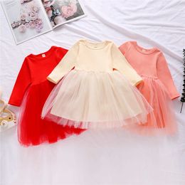 2020 0-5Y Princess Toddler Baby Girls Dress Autumn New Knited Solid Colour Long Sleeve Top Tulle Tutu Dress Party Outfit Q0716