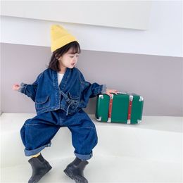 Spring Boys and Girls Solid Colour Long-sleeve Loose Denim Jacket With Harem Pants Two-piece Children's Set 210515