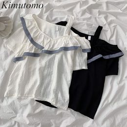 Kimutomo Elegant Chic Short Sleeve Blouse Women Off Shoulder Slash Neck Shirt Ladies Solid Summer Korean Fashion 210521