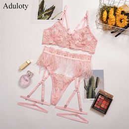 women's lace and feather stitching sexy garter underwear set mesh flower embroidery gather bra set thong sexy lingerie set 211104