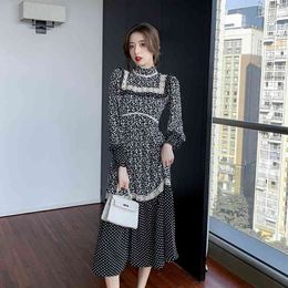 spring and autumn French retro floral stitching lace dress with waist and thin temperament 210522