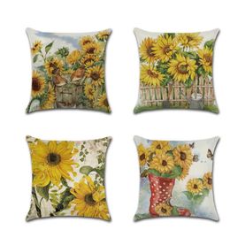 Cushion/Decorative Pillow 45x45cm Linen Decorative Cushion Cover Hand Painted Sunflower Case Square