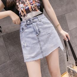 Mini Denim Skirt Women 2021 Summer Casual High Waist Short Jeans Skirt Ripped Irregular Sexy Pencil Skirts Womens X0428