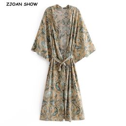 Bohemia Phoenix tail Flower Print Long Kimono Shirt BOHO Ethnic Women Lacing up Bow Sashes Long Cardigan Loose Blouse Tops 210317