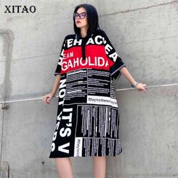 XITAO Plus Size Letter Print Split Dress Women Clothes Summer New Loose Casual Turn Down Collar Elegant Dress HXM1008 210323