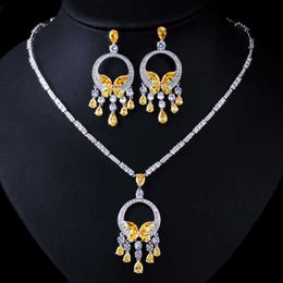 CWWZircons Noble Yellow Cubic Zirconia Stone Tassel Drop Big Necklace and Earring High Quality Women Prom Party Jewellery Set T026 H1022