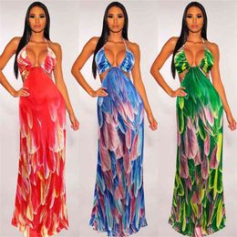 Women Dress Boho Sleeveless Backless Deep V-Neck Summer Feather Print High Waist Ruffles Streetwear Beach Sundress 210522