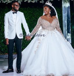 Luxury Plus Size African Wedding Dress 2022 Elegant Country Wedding Gown Long Sleeve Beaded Crystal Large Bride Wear Skirt Sukienka Vestido Noiva Robe De Mariée