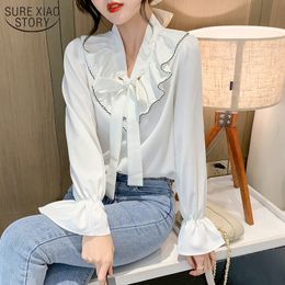 Autumn V-neck Long Sleeve Women's Black Chiffon Blouse Korean Vintage Ruffles Bow Collar Fashion Women Shirts Blusas 11988 210508