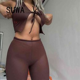 Casual Tie Up Two Piece Set Women Spring Streetwear Sleeveless Crop Top +High Waist Leggings Solid Matching Outfits 210525