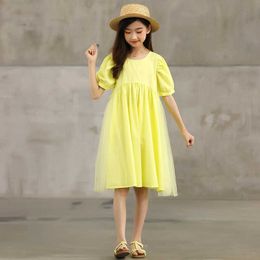 YourSeason Girls Teen Kids Cotton Mesh Patchwork Dress Clothing 2021 New Summer Toddler Girl Yellow Cute Princess Dresses O Neck Q0716