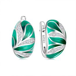 -925 Silber Ohrringe Hochzeit Schmuck Temperament Elegante Klassische Emeralds Grüne Blätter mit CZ Emaille Ohrstecker für Frauen 210610