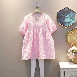 Spring Solid Sweet Pleated Diamond Lace Peter Pan Collar Loose Plus Size Puff Sleeve A-Line Dresses for Women 210615