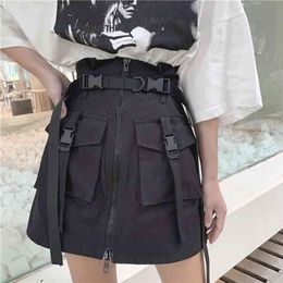 A-Line Zipper Women Mini Cargo Skirts Pockets Bodycon Solid Ladies Summer Harajuku Female Sashes Short Skirt 210430