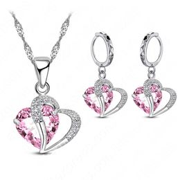 Women 925 Sterling Silver Cubic Zircon Necklace Pendant Earrings Sets Cartilage Piercing Jewellery Wedding Heart Design