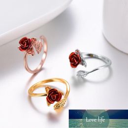 Women Ring Red Rose Garden Flower Leaves Open Ring Resizable Finger Rings For Women Valentine's Day Gift Jewelry