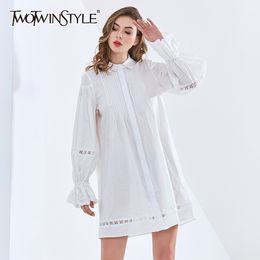 TWOTWINSTYLE Loose Patchwork Pleated Dress For Women Lapel Long Sleeve Casual Elegant White Dresses Female Fashion Clothing 210517