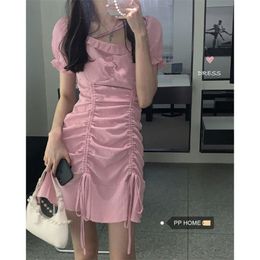 Summer First Love Sweet Pink Japan Style Dress French Square Collar Bubble Sleeve Lotus Leaf Side Draw Rope 210529