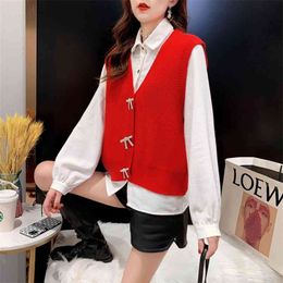 Women's vest spring and autumn loose bow design sense of fashion knitted sweater casual cotton 210427