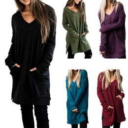 Women's Casual Loose Long Hoodies Autumn Solid Colour Deep V-neck Sweatshirt Hooded Sweatshirt Dress Long Sleeve With Pockets