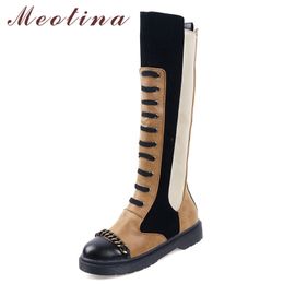 Women Boots Winter Knee High Mixed Colors Flat Tall Zipper Round Toe Shoes Lady Autumn White Plus Size 34-43 210517