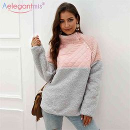 Aelegantmis Turtleneck Pink Hoodies Women Plush Fleece Sweatshirt Fluffy Warm Faux Fur Coat Female Autumn Winter Outwear 210607