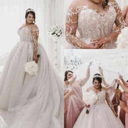 Plus Size Princess Wedding Dresses 2021 Modern Sheer Neck Long Sleeve Lace Applique Pearls Wedding Gown vestido de novia