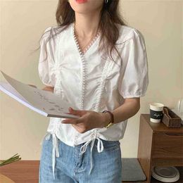 White V-Neck Summer High Street Drawstring Short Sleeves Lady OL Chic Slim Loose-Fitting Femme Shirts Tops 210525