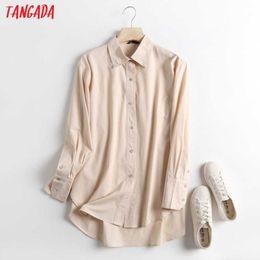 Tangada Women High Quality Cotton Shirts Long Sleeve Solid Turn Down Collar Elegant Office Ladies Work Wear Blouses 6D27 210609