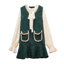 PERHAPS U Women Green Sleeveless Solid Dress With Bow Collar Long Sleeve Buttun Shirt A Line Elegant Mini Dress Female D1738 210529