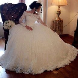 20222 Long Sleeve Lace Wedding Dresses Ball Gown Tulle Plus Size Off Shoulder Bride Bridal Wedding Gowns Appliques Princess Dress Vestidos De Novia Spring Summer