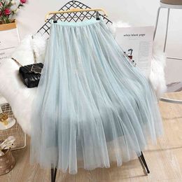 Women Summer Mesh Skirt Midi Skirt Stretch High Waist A-Line Pleated Skirt Femme 210515