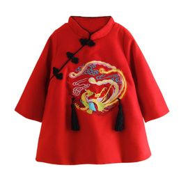Winter 6 10 Years 120cm 140cm Year Embroidery Thickening Kids Baby Girl Traditional Chinese Tang Red Cheongsam Dress 210625