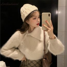 Loribindwood Winter Korean Version of The Lapel Imitation Mink Velvet Short White Sweater Super Fairy Design Knit Sweater 211215