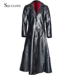 Cool Men Single Breasted X-Long Trench Coat Leather Jacket Windbreak Winter PU Leather Jacket Business Male Overcoat Trench 5XL 211009