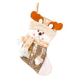 Gold Glitter Socks Santa Claus Candy Stocking Christmas Eve Apple Bag Family Party Pendant With Snowman Elk Pattern