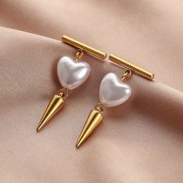 S2485 Fashion Jewellery Hip-hop Dangle Titanium Steel Rivet Love Heart Pearl Stud Earrings Geometric Drop Earring