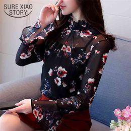 spring fashion black floral flare sleeve women shirts long sleeved blouses casual OL sweet style clothing D515 30 210506