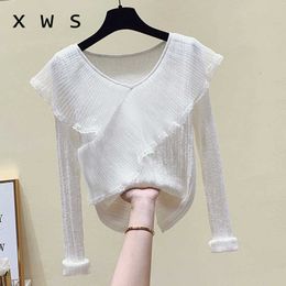 fashion Ruffle autumn V-NECK thin Sweater Pullovers Women Long Sleeve casual Mesh patchwork Sweater knit Jumpers top 210604