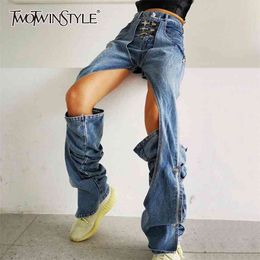Twotwinstyle elegante oco out mulheres jeans cintura alta denim calça de perna larga casual para roupas de moda feminina verão 210708