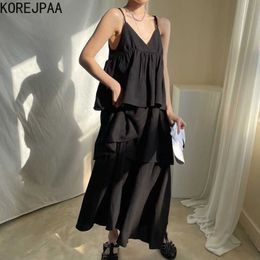 Korejpaa Women Dress Summer Korean Chic Ladies Dark Style V-Neck Slimming Loose Layered Ruffled Cake Suspender Vestidos 210526