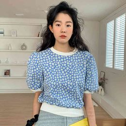 Women Blue Casual Panelled Print Blouse O-neck Half Puff Sleeve Loose Fit Shirt Fashion Spring Summer 2F0535 210510