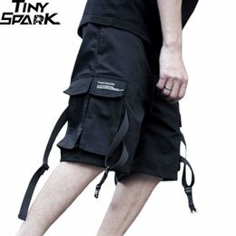 Men Hip Hop Short Joggers Streetwear Harajuku Cargo s Pockets Ribbon Summer Black Tatical Military Baggy Hipster 210714