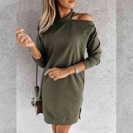 Elegant Solid Long Sleeve All-match Dresses Lady Chic Party Dress Women Fashion Sexy O-Neck Hollow Out Off Shoulder Design Dress Y1204