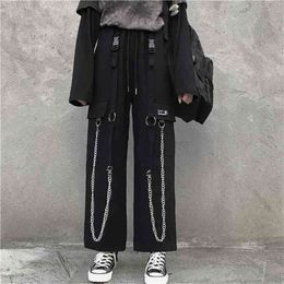 QWEEK Gothic Harajuku Cargo Pant Punk Chain Wide Leg Korean Style Oversized Streetwear Trousers Female Techwear Emo 210915