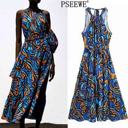 Summer Dresses Blue Halter Midi Women Vintage Print Sleeveless Long Woman Belt Ruffle Beach 210519