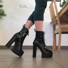 Round Toe Black Color Patent Leather Chunky 13CM14CM High Heels Platform Ankle Boots Big Size US5US15