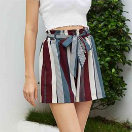 High Waist Bandage Stripe Contrast Color Patchwork Shorts Women Loose Beach Casual Sweatpants Temperament Ladies Mini 210603